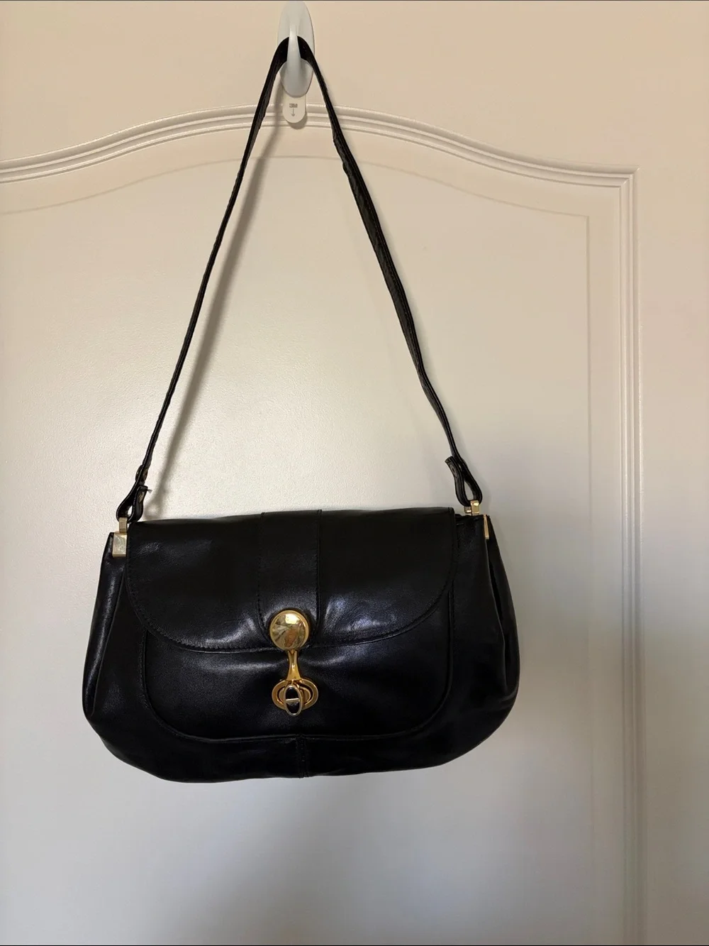 Vintage Black Leather Shoulder Bag with Gold Hardware, Strap 15 1/2 in. ,13x8 in